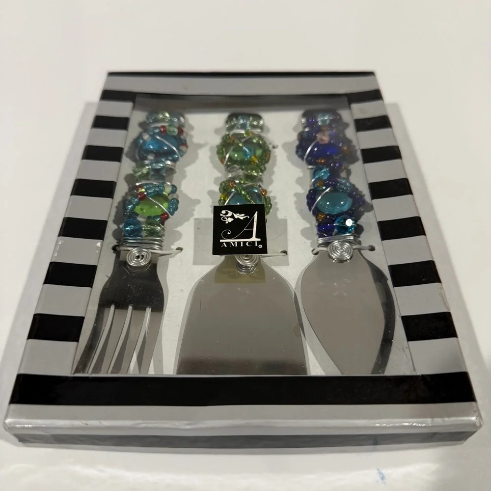 Vintage 90s Set of 3 Blue Green Wire Beaded Charcuterie Board Cheese Serving Set